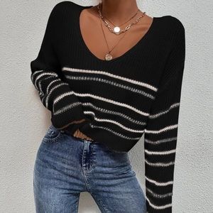 Black and white striped pattern drop shoulder sweater